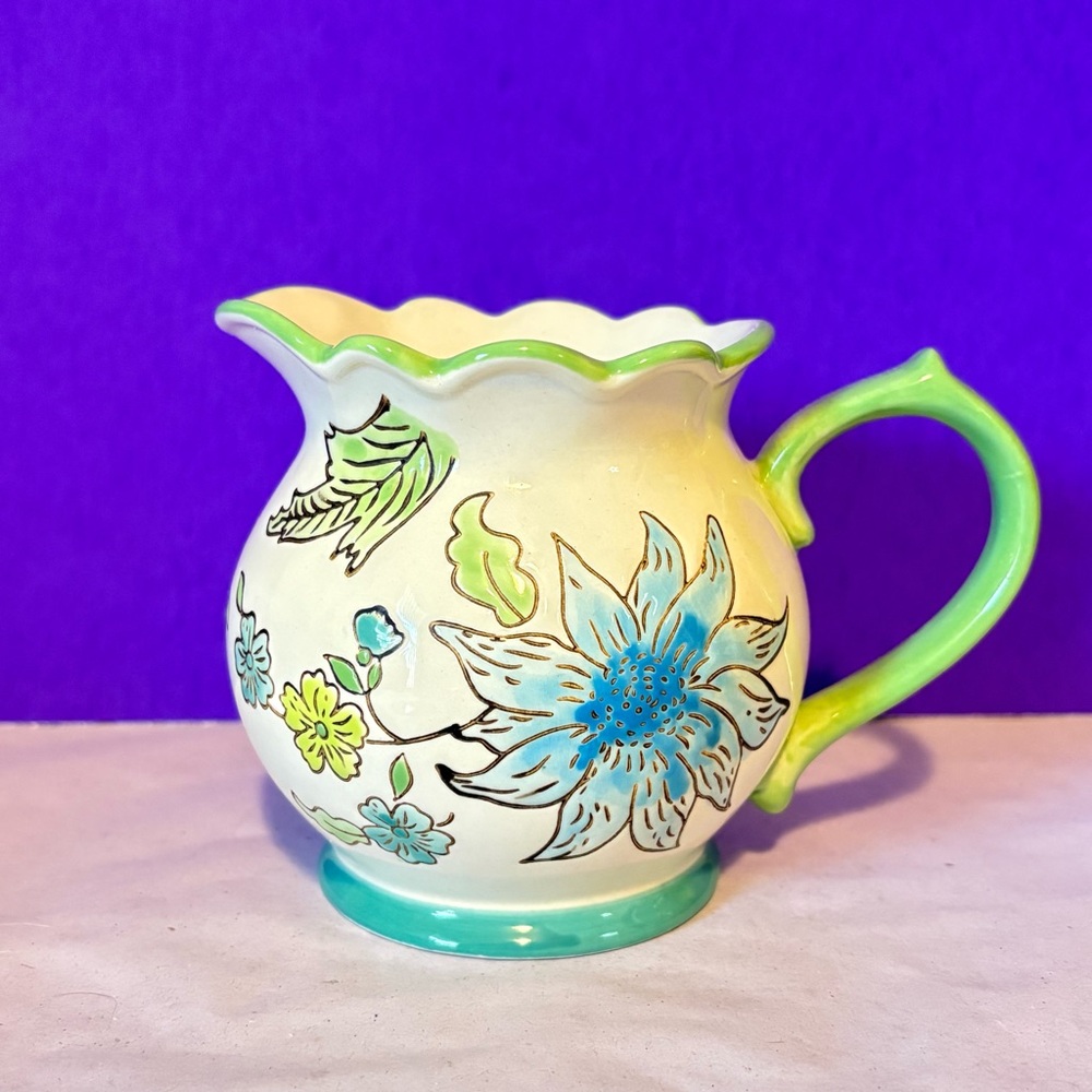 Dutch Wax Ceramic Milk Jug Creamer Pitcher White/Turquoise Green Floral 4”